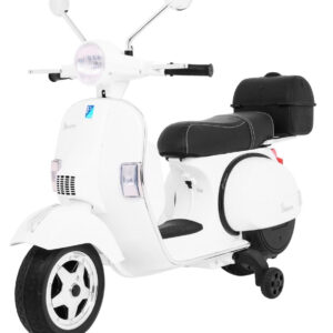 Skuter Vespa elektryczny dla dzieci Biały + Kółka pomocnicze + Audio + Ekoskóra + EVA + Wolny Start