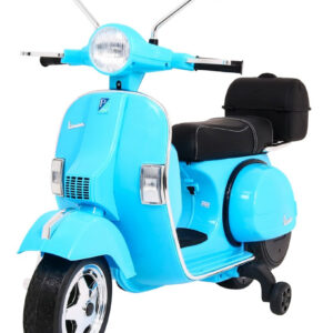 Skuter Vespa elektryczny dla dzieci Niebieski + Kółka pomocnicze + Audio + Ekoskóra + EVA + Wolny Start